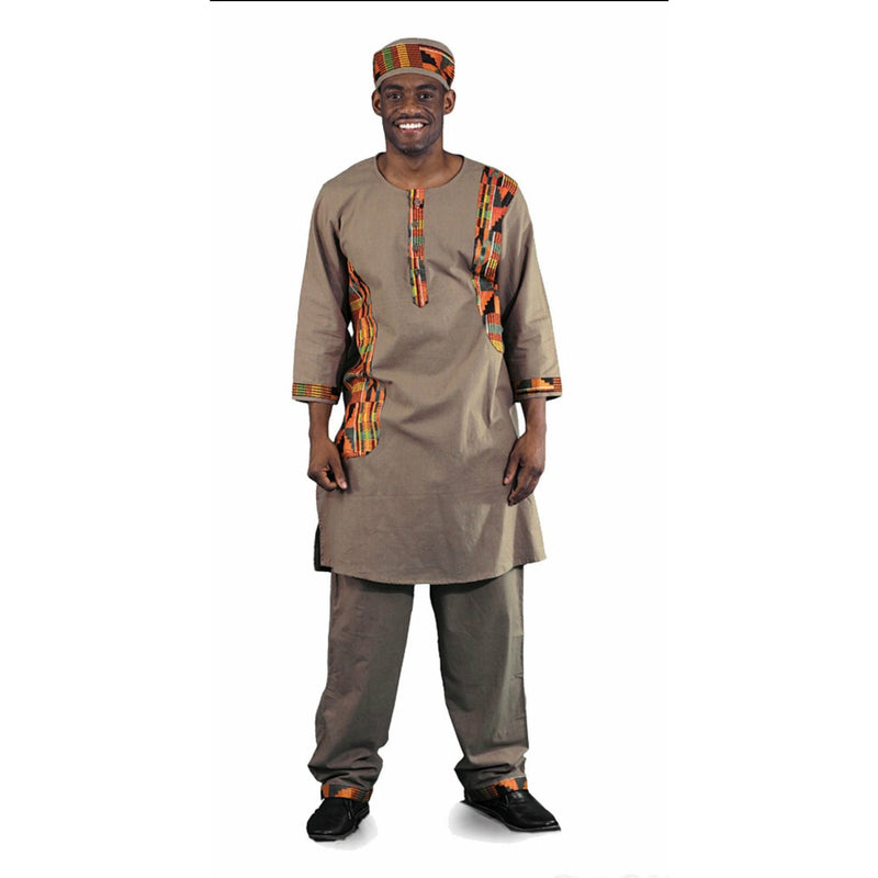 Men's Set- m444 African walking suit with Kurta Top and Kente Trim- 3pc Set
