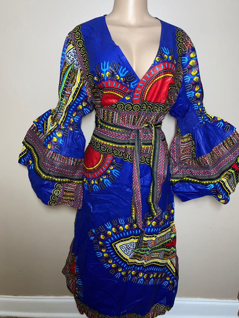 Dress Ankara - Ruffled Sleeve Dashiki print Maxi Wrap dress with matching Head Wrap