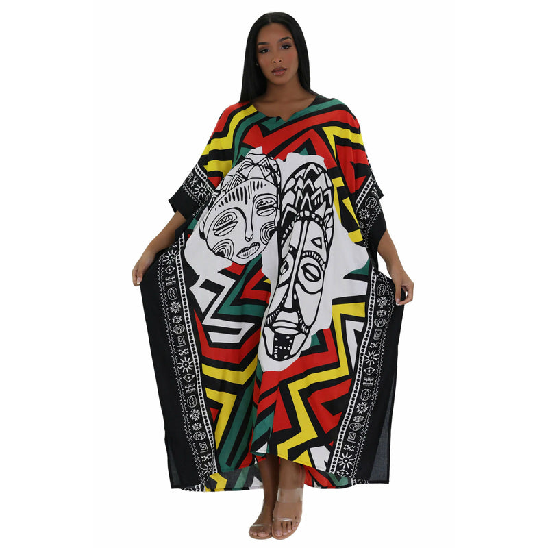 Kaftan- African Abstract African Faces Print Kaftan