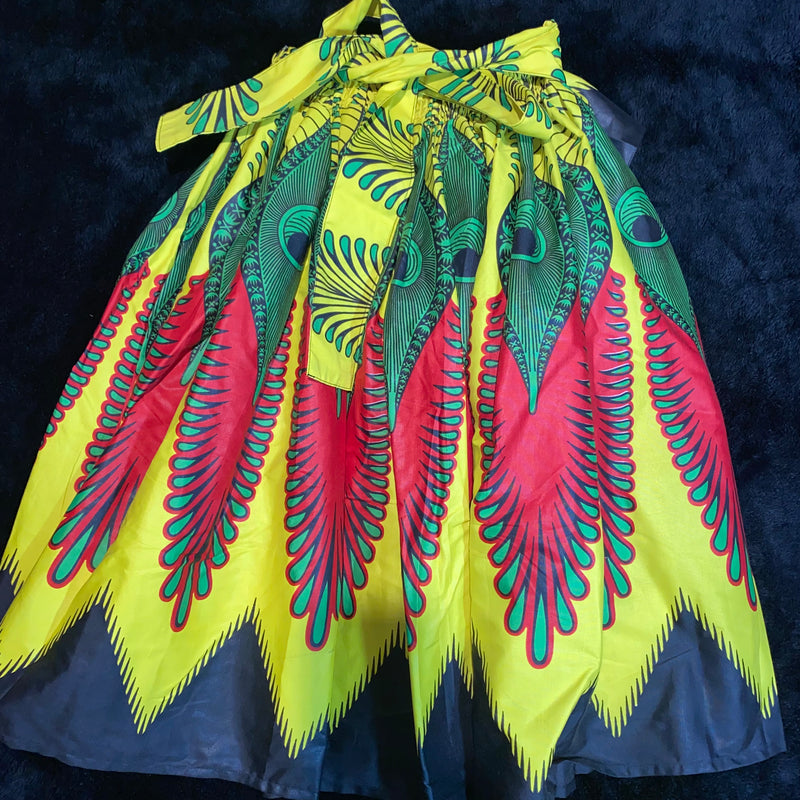 Midi Skirt - Peacock Flair Ankara print with matching Head Wrap