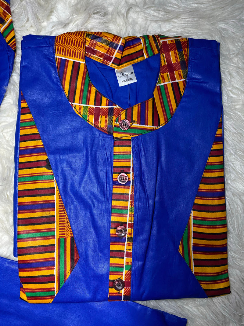 Men’s Set 4445- Kente trimmed 3pc Kurta top Set with Kufi - Afrocentric Boutique