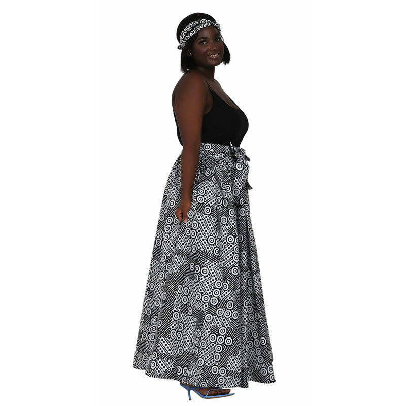 Maxi Skirt -Black, white and circles Maxi Skirt with matching headwrap