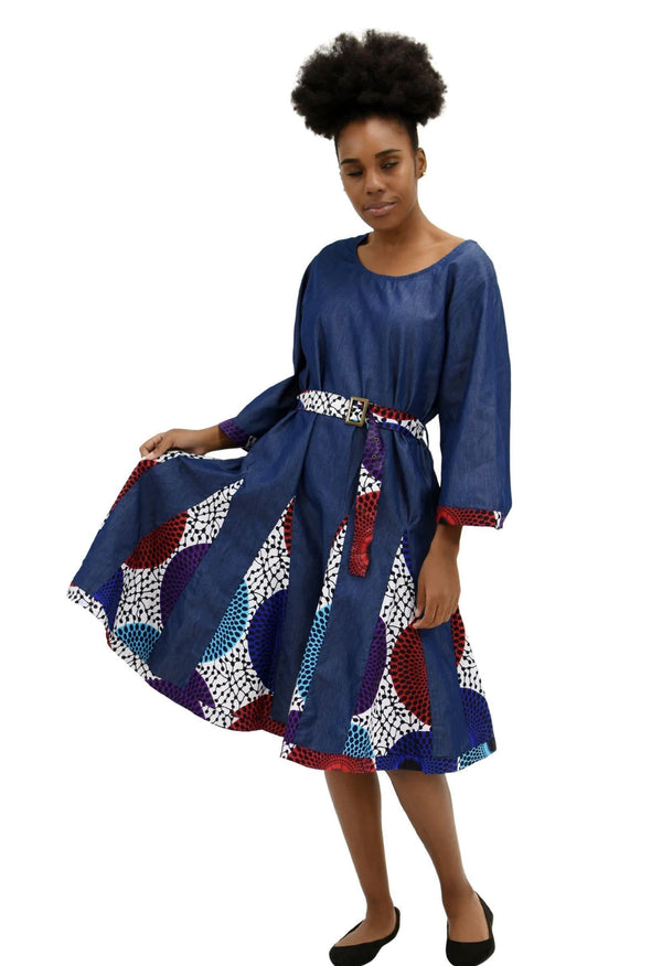 Dress Ankara - Denim and Ankara Dress with belt and matching head wrap