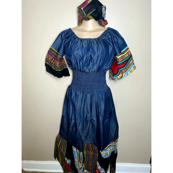 Dress Maxi- Denim and Dashiki Ruffle bottom Maxi Dress with matching head wrap