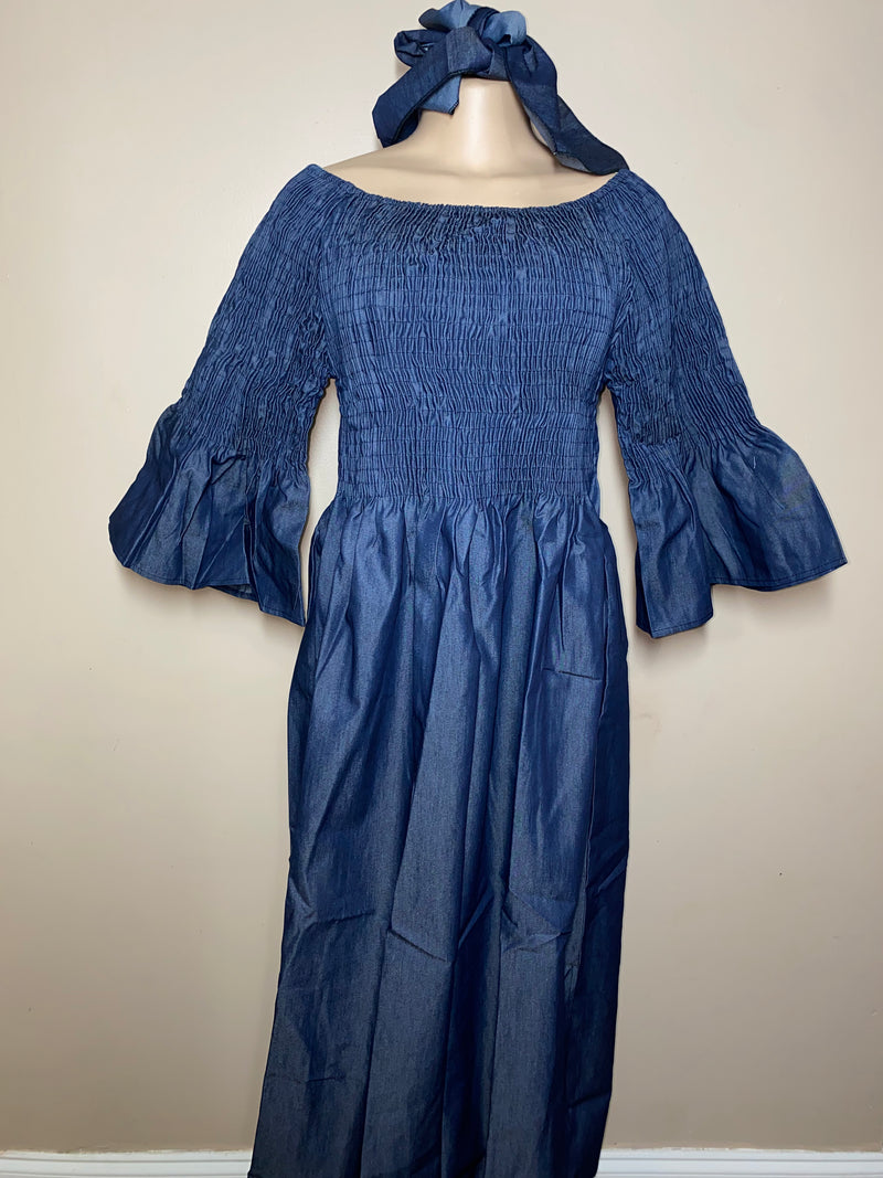 Dress Denim- Maxi Dress with Chinch Top, Belle Sleeves and matching head wrap