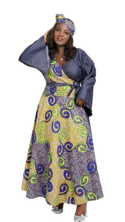 Dress Maxi - Denim Maxi Wrap Dress with Belle Sleeves and matching head wrap