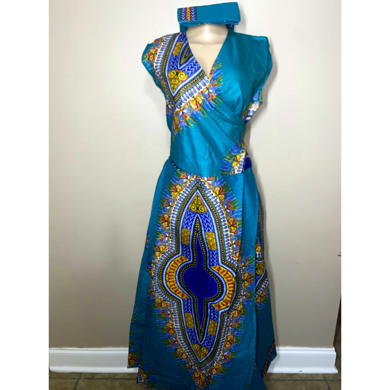 Wrap Dress - Dashiki Print Sleeveless Wrap Dress with matching Head Wraps