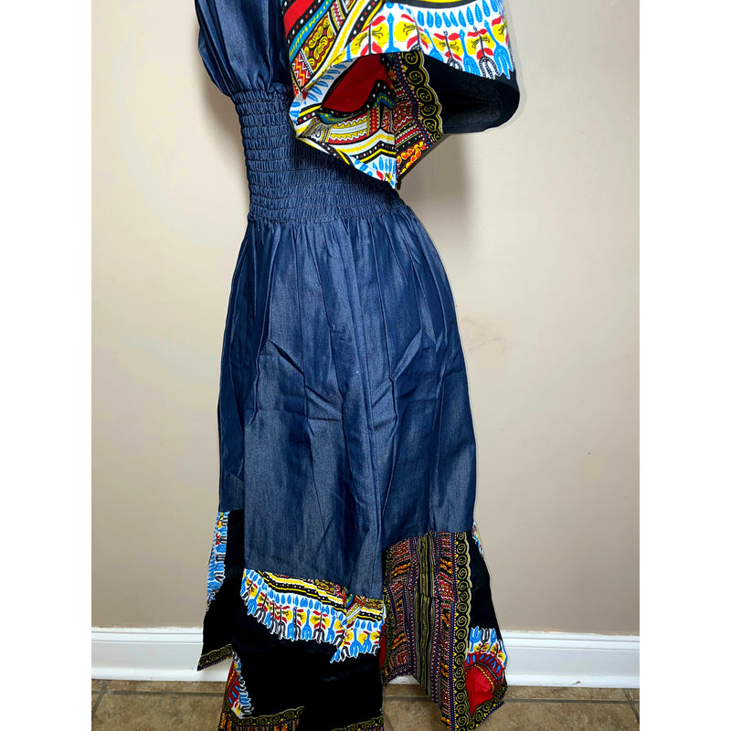 Dress Maxi- Denim and Dashiki Ruffle bottom Maxi Dress with matching head wrap