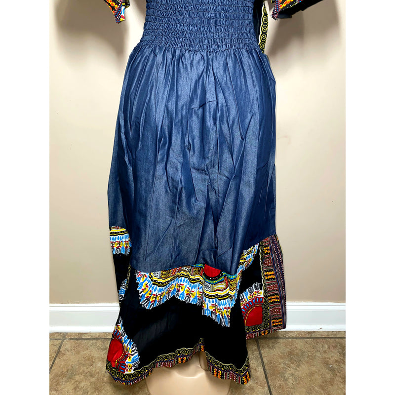 Dress Maxi- Denim and Dashiki Ruffle bottom Maxi Dress with matching head wrap