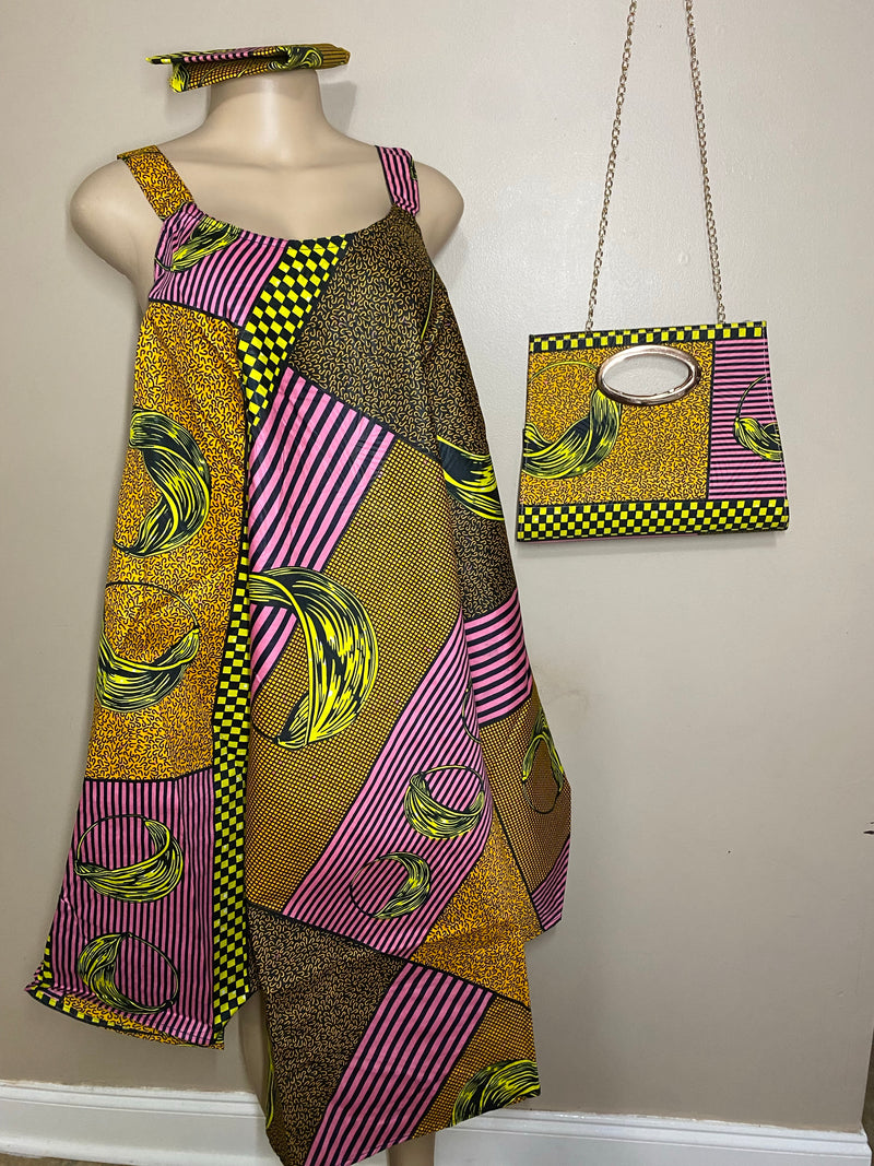 Dress Ankara - African Print Loose Fit umbrella Dress with Matching Headwrap and Purse - Afrocentric Boutique