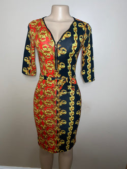 Dress- Bodycon- Golden Frills with zip front and waist tie