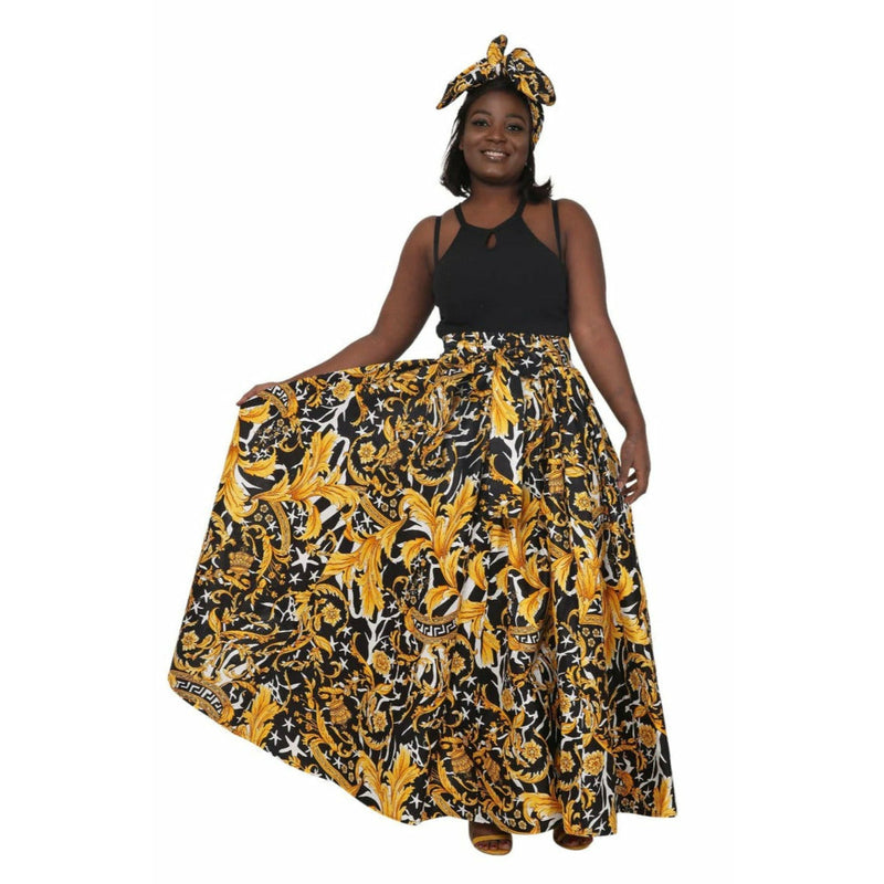 Maxi Skirt - Medusa Black and Gold Maxi Skirt with Matching Head wrap