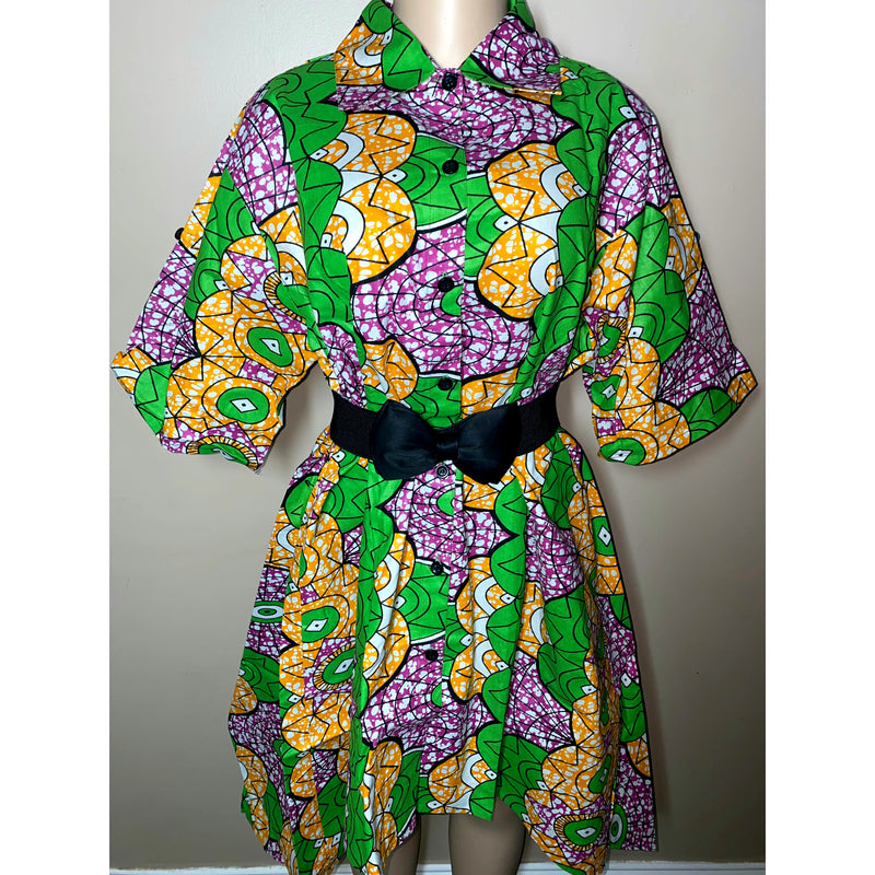 Dress Hi/Lo - Ankara Hi/Low Shirt Dress with matching head wrap/Waist Tie