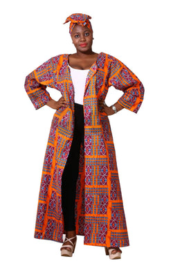 Kimono Duster- Ankara print in orange Duster with matching head wrap- Free size