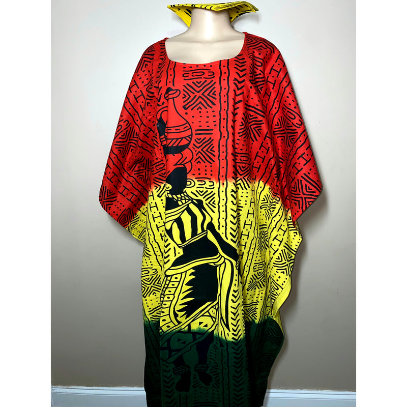 Kaftan- Rasta - African Lady on Mud cloth Print with Matching Head Wrap