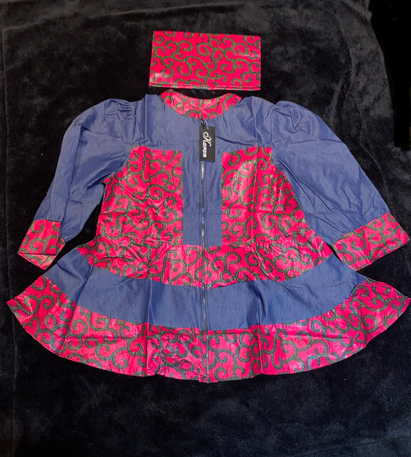Coat - Reshi Denim and Ankara peplum zip front jacket - Afrocentric Boutique