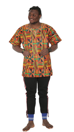 Dashiki- Kente print gold embroidery dashiki with Kufi - unisex