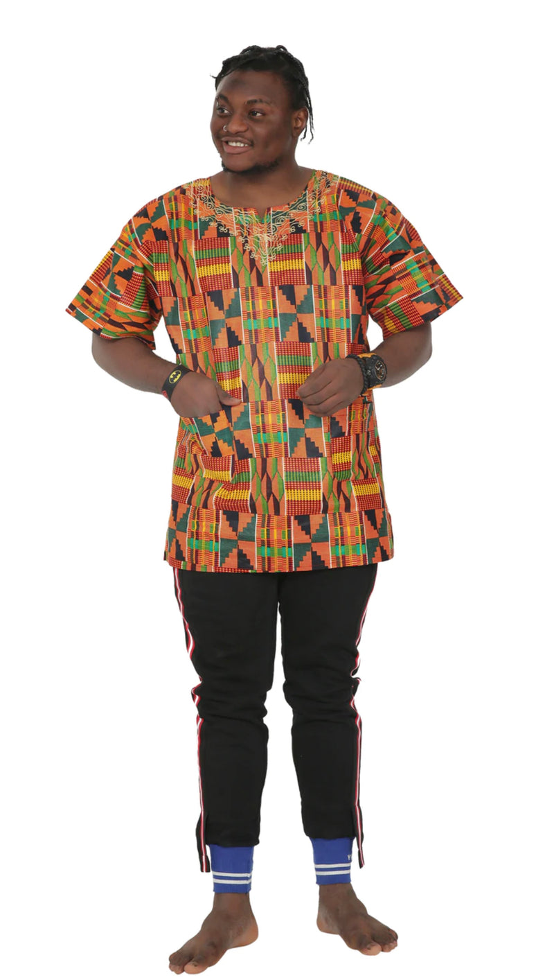 Dashiki- Kente print gold embroidery dashiki with Kufi - unisex