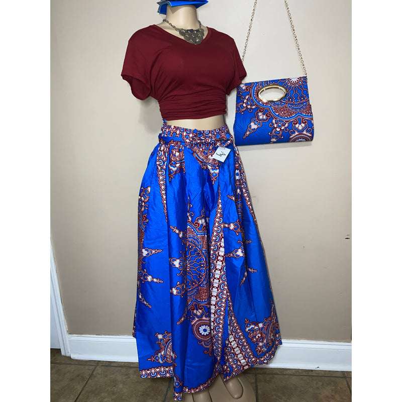 Maxi Skirt Set - Star Burst - Ankara African print Maxi Skirt with Purse and matching headwrap