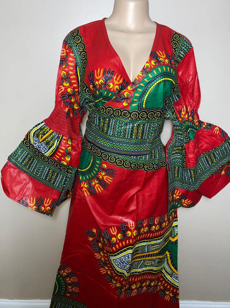 Dress Ankara - Ruffled Sleeve Dashiki print Maxi Wrap dress with matching Head Wrap