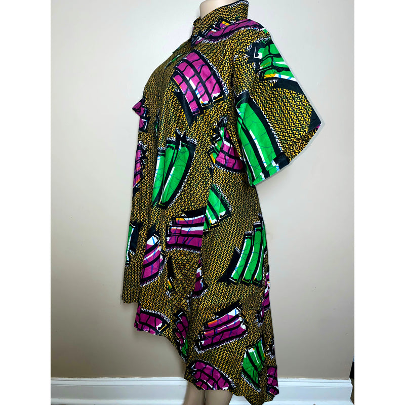 Dress Hi/Lo - Ankara Hi/Low Shirt Dress with matching head wrap/Waist Tie