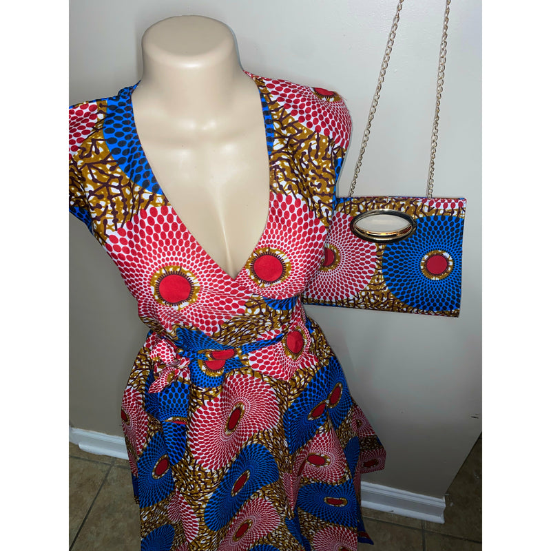 Wrap Dress - African print Wrap dress with matching head wraps and purse