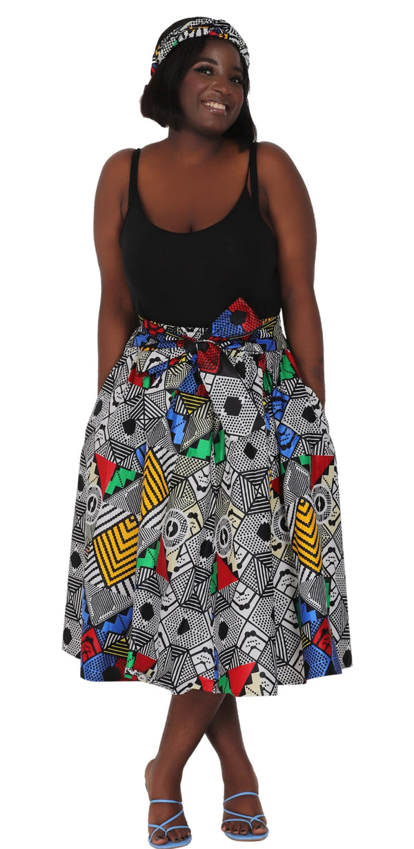 Midi Skirt- Tribal Art work- Ankara African print Midi Skirt with matching headwrap