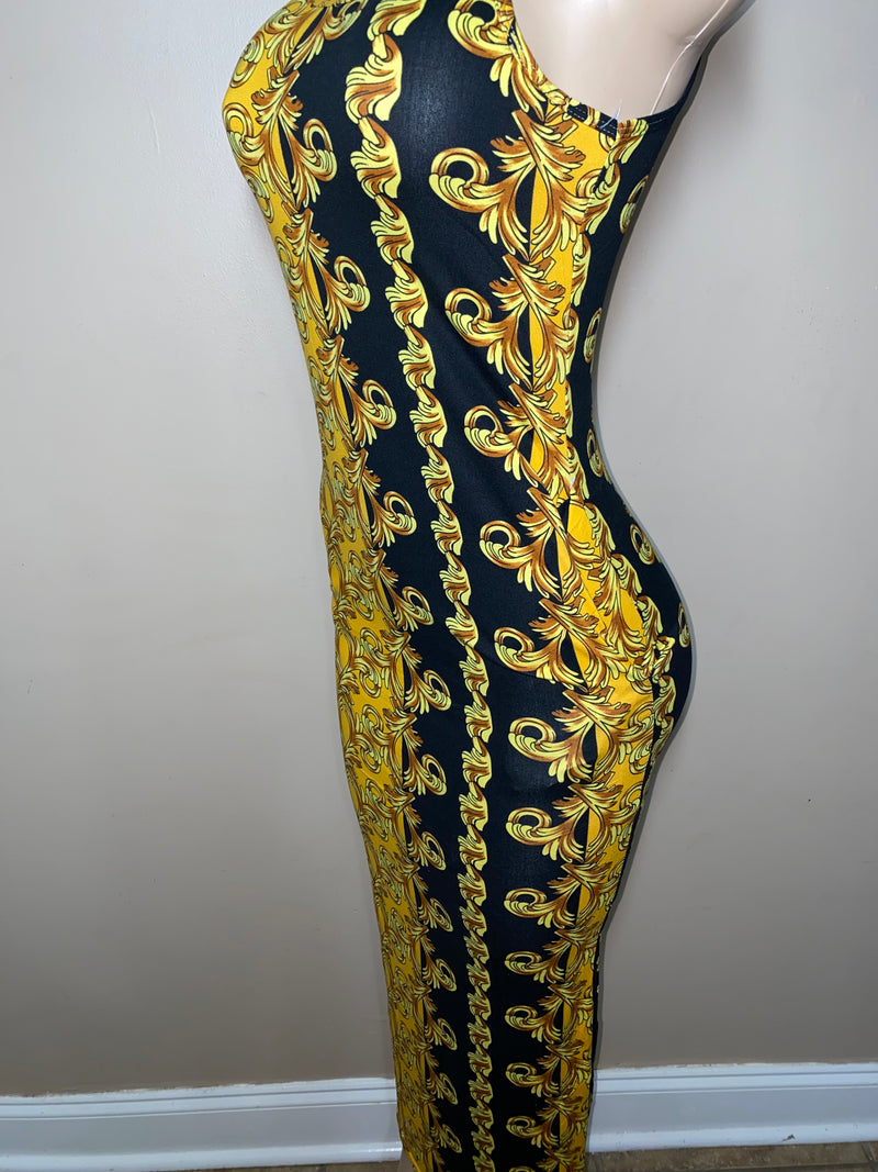 Dress- Bodycon- Golden Frills Maxi Dress with Head wrap