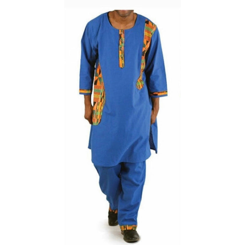 Men's Set- m444 African walking suit with Kurta Top and Kente Trim- 3pc Set
