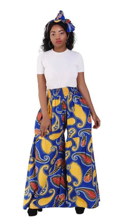 Pants Belle Bottoms - Ankara African print wide legged belle bottom layered pants with matching headwrap