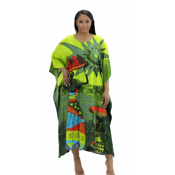 Kaftan- African Lady walking with Grace Print Kaftan with Matching Head Wrap