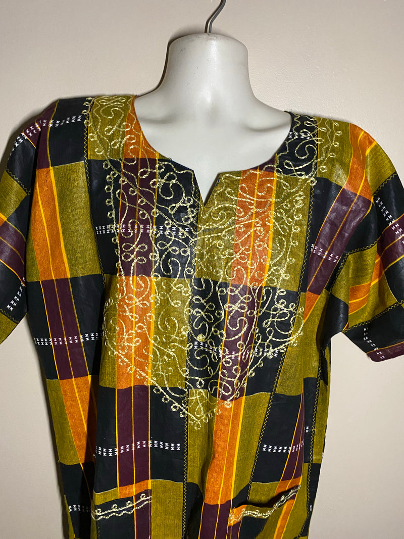 Men’s Top- Kente Block Print Short sleeve with gold embroidery - Afrocentric Boutique