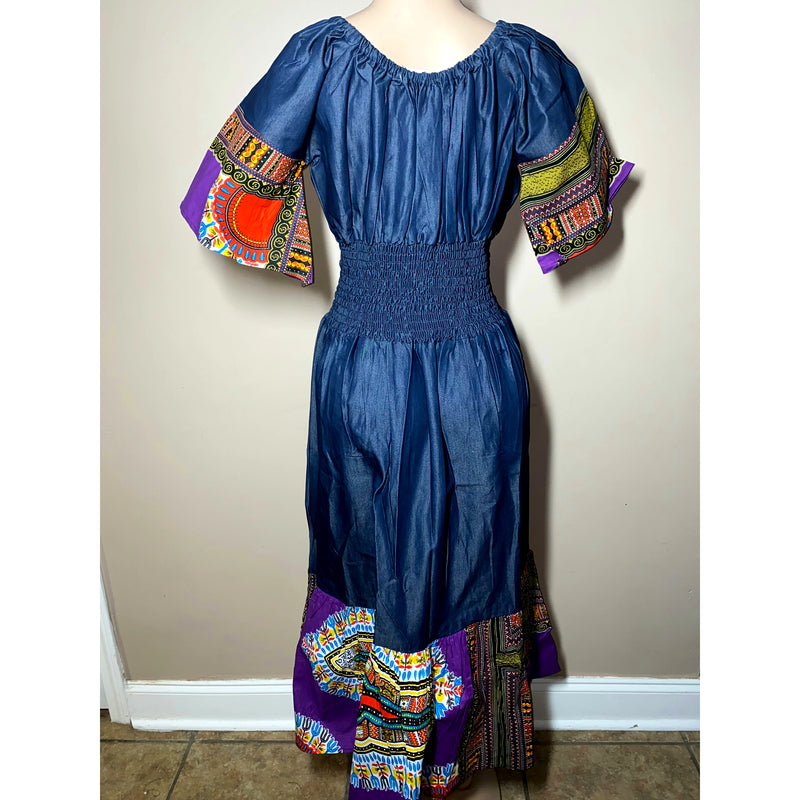 Dress Maxi- Denim and Dashiki Ruffle bottom Maxi Dress with matching head wrap