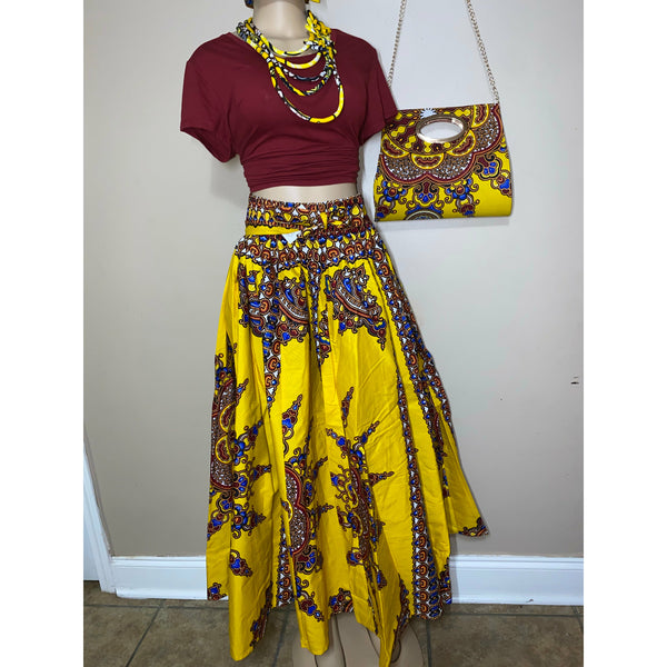 Maxi Skirt Set - Star Burst - Ankara African print Maxi Skirt with Purse and matching headwrap