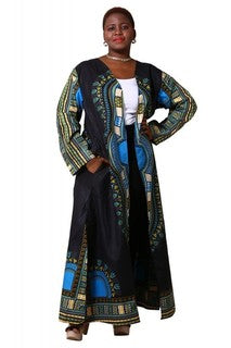 Kimono Duster- Black Dashiki print- Free size - Afrocentric Boutique
