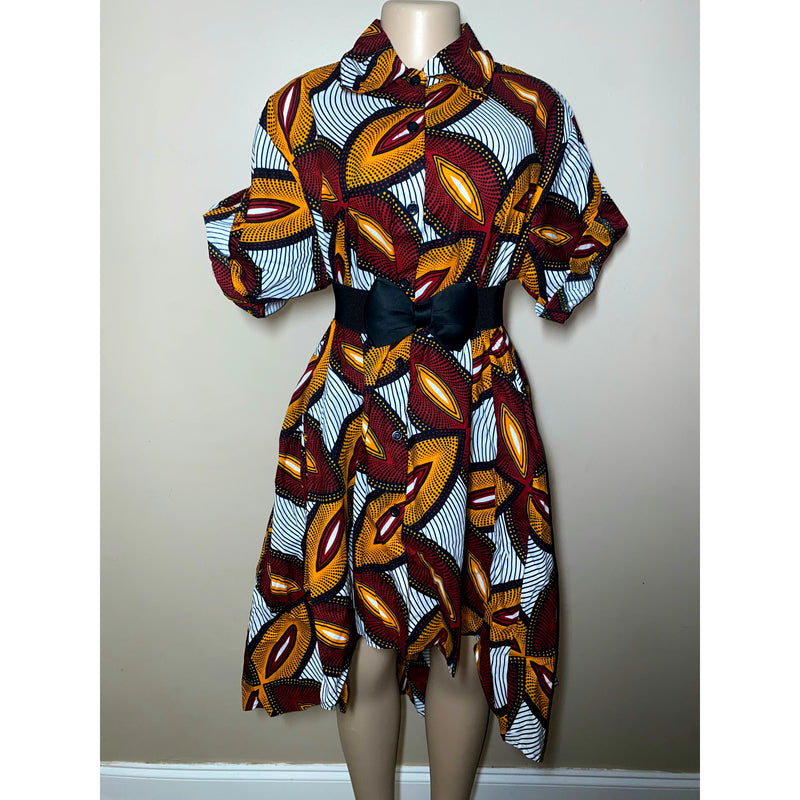 Dress Hi/Lo - Ankara Hi/Low Shirt Dress with matching head wrap/Waist Tie