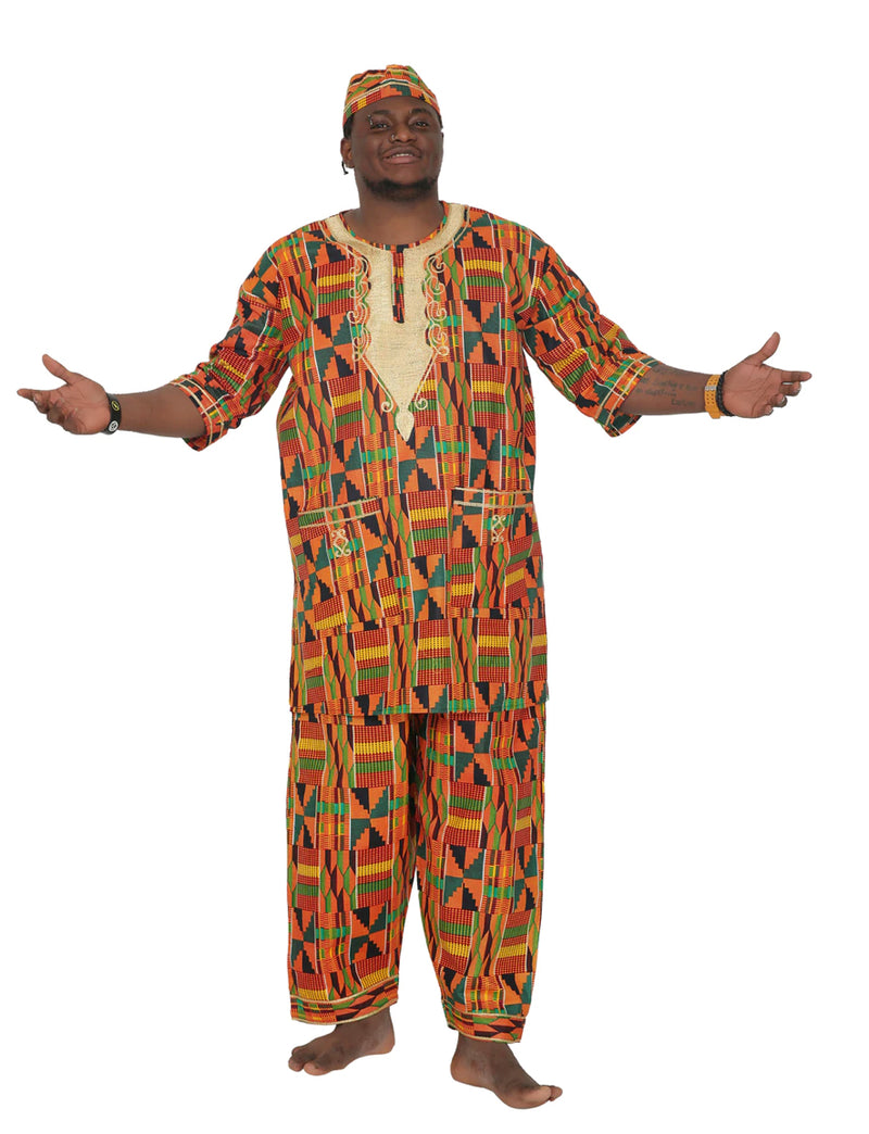 Men's Set- Kente Dark Print African walking suit with Gold Embroidery