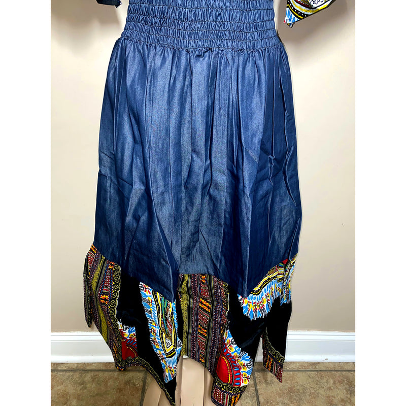 Dress Maxi- Denim and Dashiki Ruffle bottom Maxi Dress with matching head wrap