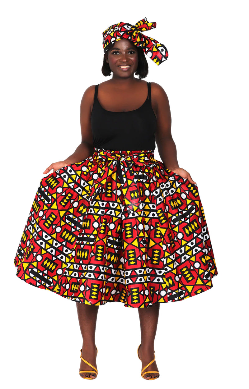 Midi Skirt-Sexy Red- Ankara African print Midi Skirt with matching headwrap