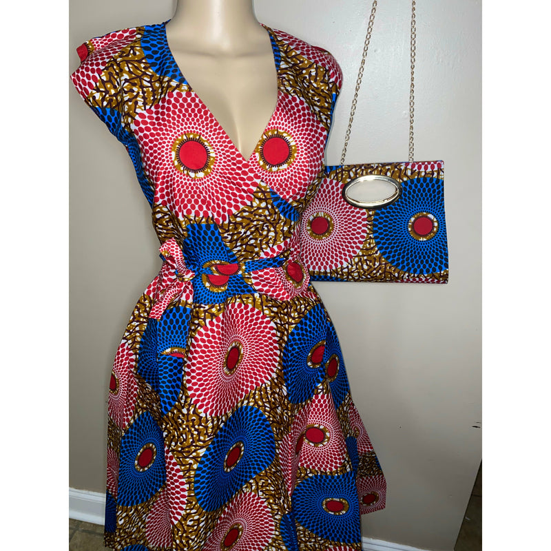 Wrap Dress - African print Wrap dress with matching head wraps and purse