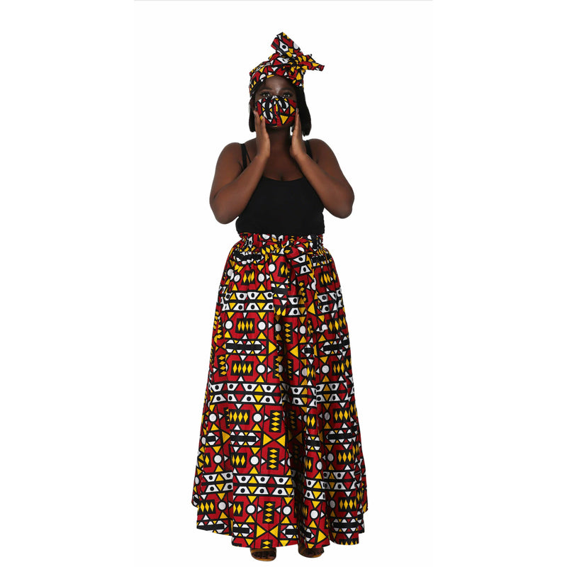 Maxi Skirt - Red colored Block print- Ankara African print Maxi Skirt with matching headwrap