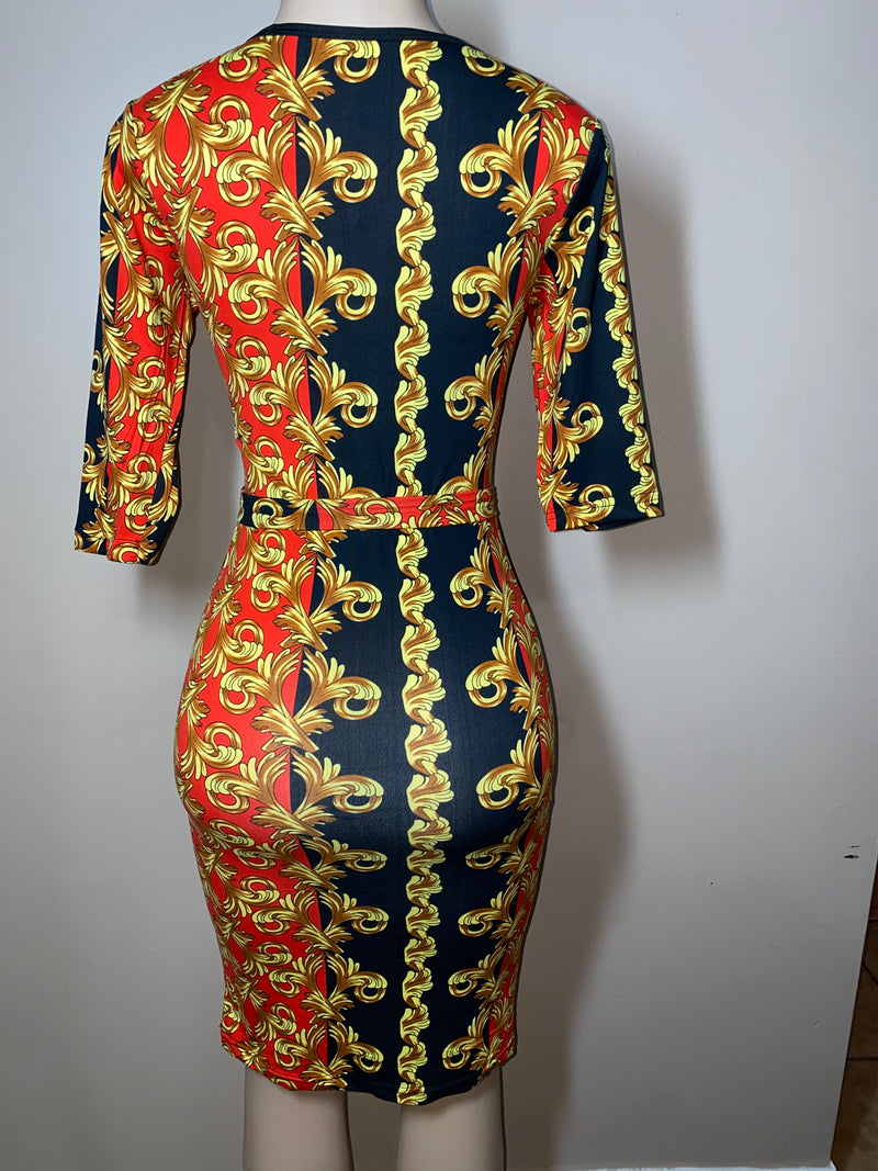 Dress- Bodycon- Golden Frills with zip front and waist tie
