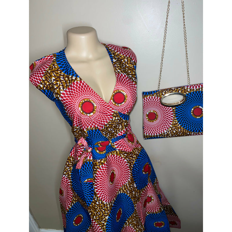 Wrap Dress - African print Wrap dress with matching head wraps and purse