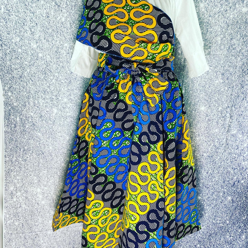 Maxi Skirt -Ribbons in the Sky - African Print Ankara Maxi Skirt with Matching head wrap - Afrocentric Boutique