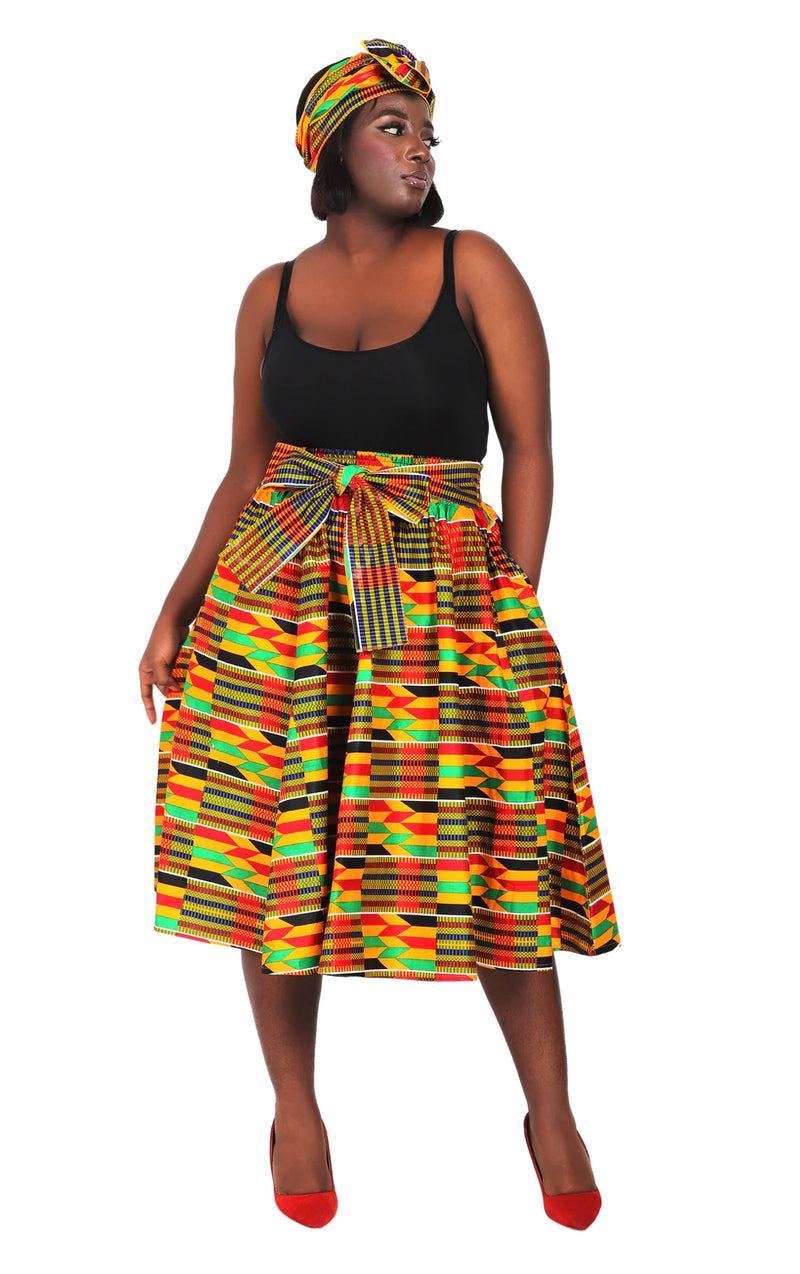 Midi Skirt- Jazzy Kente- Ankara African print Midi Skirt with matching headwrap