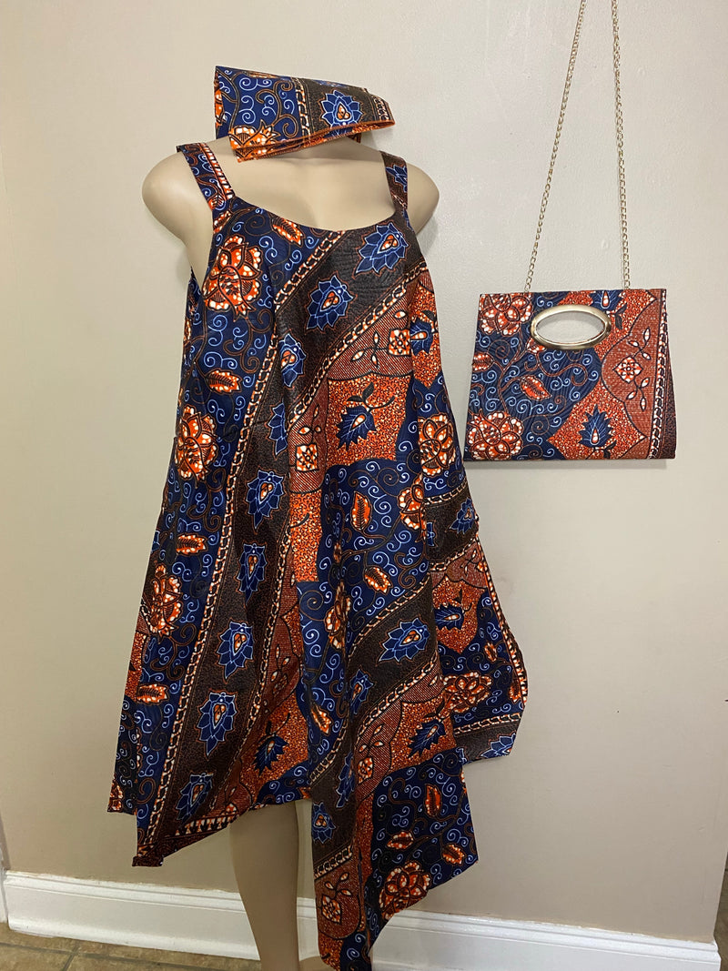 Dress Ankara - African Print Loose Fit umbrella Dress with Matching Headwrap and Purse - Afrocentric Boutique