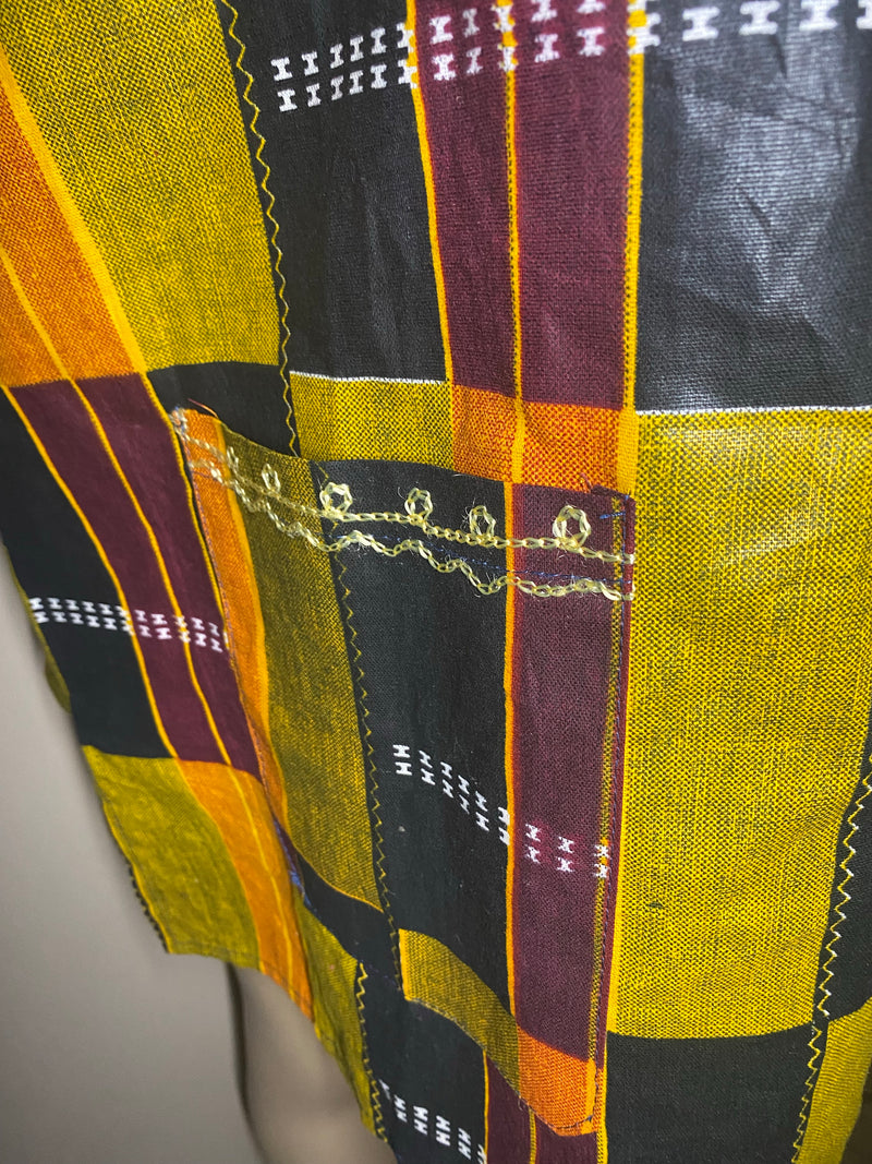 Men’s Top- Kente Block Print Short sleeve with gold embroidery - Afrocentric Boutique