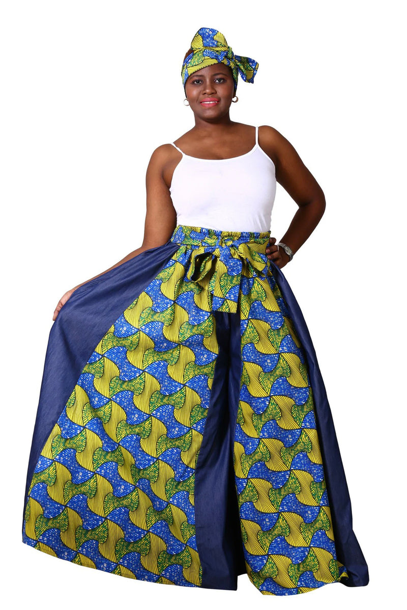 Palazzo Pants - Denim and Ankara Print Palazzo wide legged pants with matching head wrap - Afrocentric Boutique