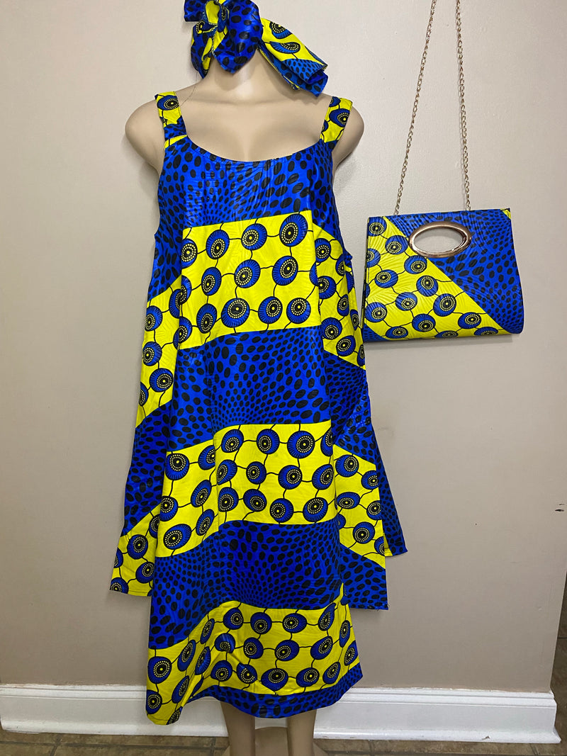 Dress Ankara - African Print Loose Fit umbrella Dress with Matching Headwrap and Purse - Afrocentric Boutique