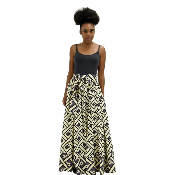 Maxi Skirt - Geometric Grey and Cream - Ankara Maxi Skirt with Matching Head wrap